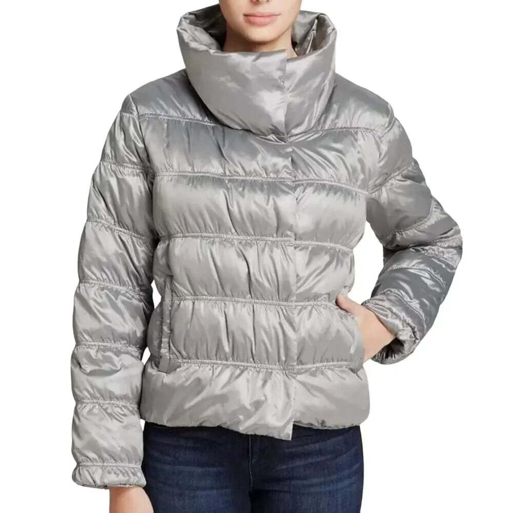 EILEEN FISHER Funnel Neck Puffer Size L Silver Coat Goose Down Luxury Metallic